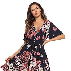 Women's Boho Button up Floral Print Flowy Dress